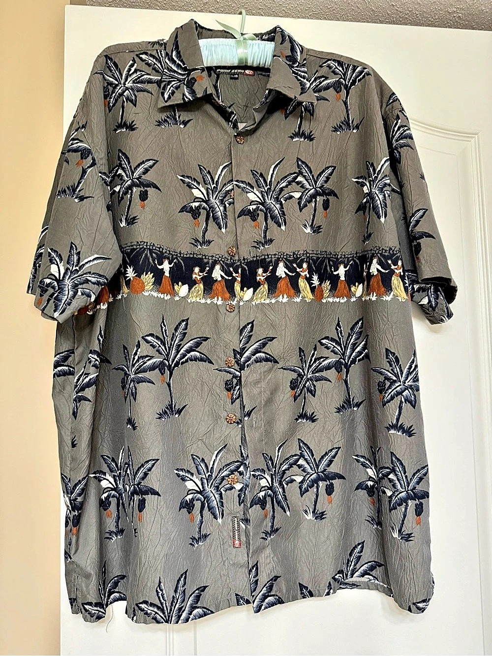 Point Zero Men's Hawaiian Button-Down Shirt in Gray & Blue Size Large